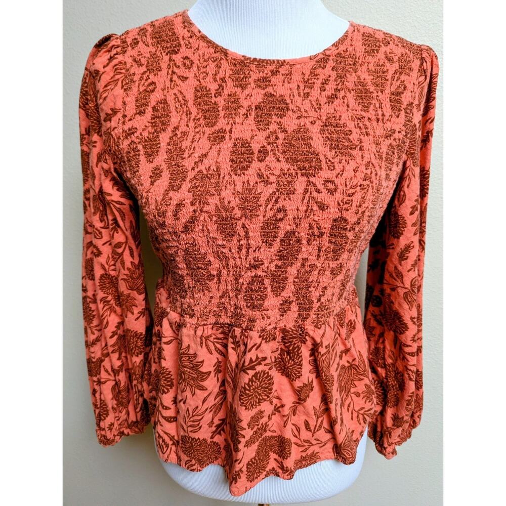 Women’s Smocked Floral Blouse Boho Peplum Top Long Sleeve Puff Sleeve Orange Rus